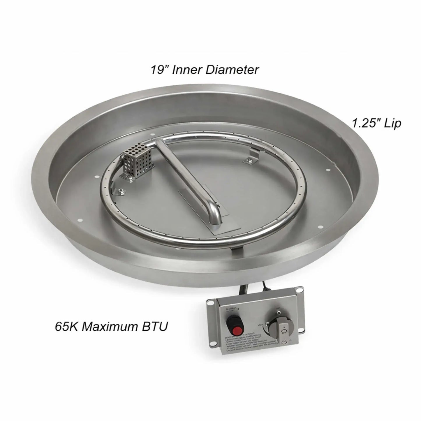 Top-down view of a 19-inch round stainless steel drop-in fire pit pan kit showing labeled inner diameter, lip width, and burner placement for accurate fire pit installation and sizing reference.