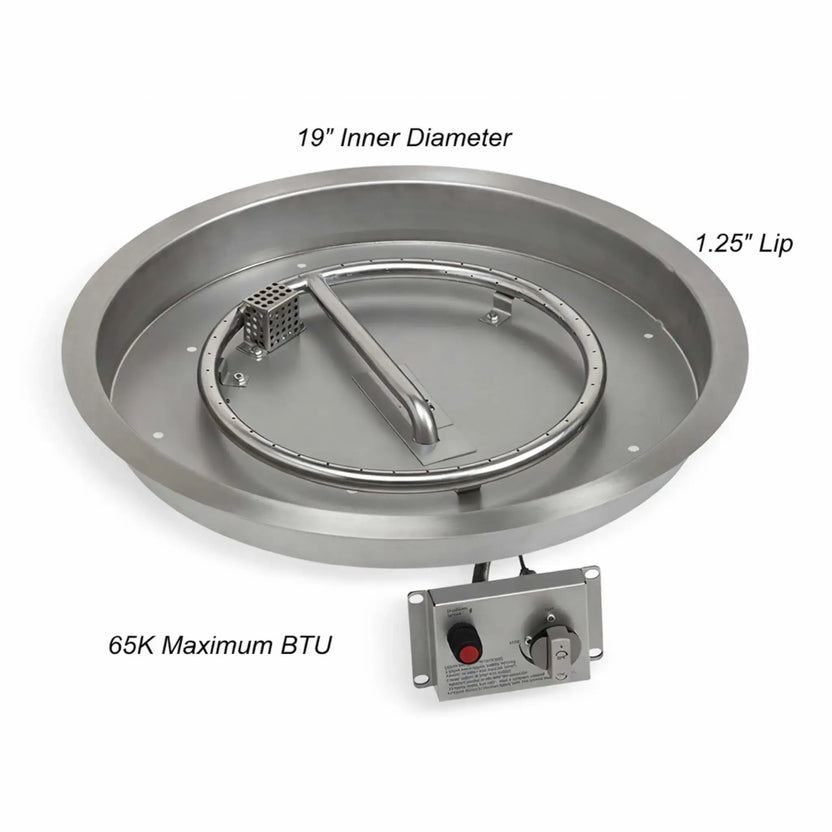 Top-down view of a 19-inch round stainless steel drop-in fire pit pan kit showing labeled inner diameter, lip width, and burner placement for accurate fire pit installation and sizing reference.