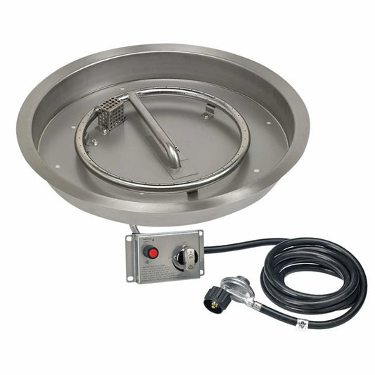 19-inch round stainless steel drop-in fire pit pan kit configured for propane gas, featuring a circular burner ring, integrated ignition system, control valve, and propane hose assembly.