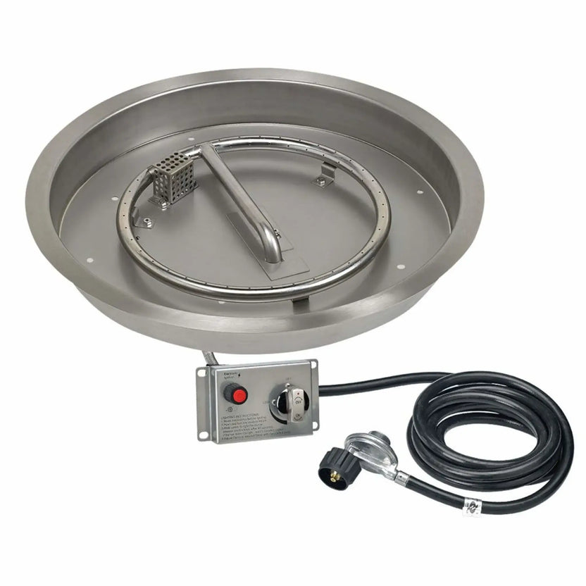 19-inch round stainless steel drop-in fire pit pan kit configured for propane gas, featuring a circular burner ring, integrated ignition system, control valve, and propane hose assembly.