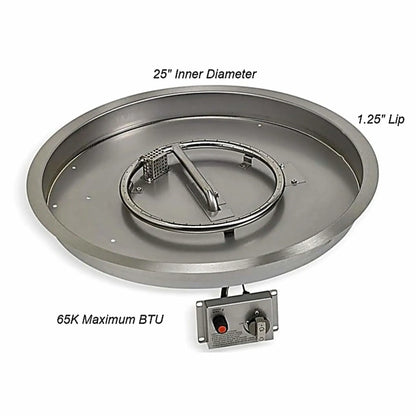 Overhead dimension diagram of a 25-inch round stainless steel fire pit pan kit highlighting inner diameter, outer lip measurement, and overall layout for precise masonry or concrete fire pit builds.
