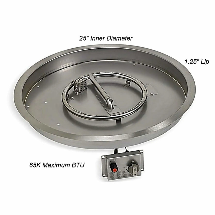 Overhead dimension diagram of a 25-inch round stainless steel fire pit pan kit highlighting inner diameter, outer lip measurement, and overall layout for precise masonry or concrete fire pit builds.