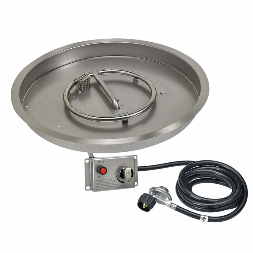 25-inch round stainless steel drop-in fire pit pan with propane gas configuration, including circular burner ring, electronic ignition, control knob, and attached propane supply hose.