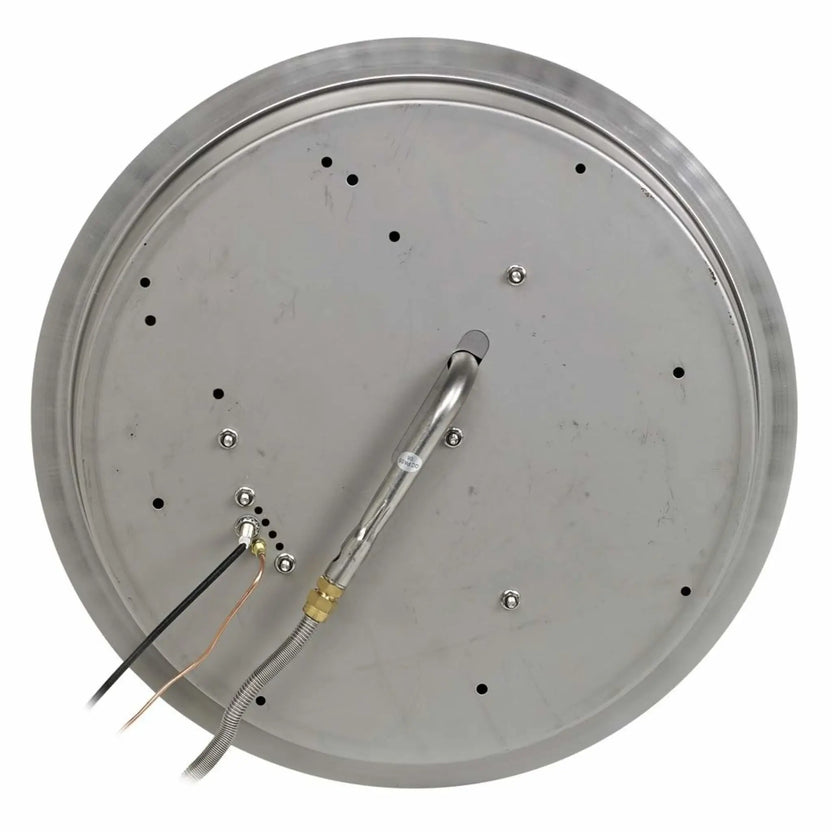 Bottom view of a round stainless steel fire pit pan showing gas inlet connection, ignition wiring, mounting points, and reinforced base for secure outdoor fire pit installation.