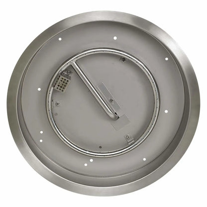 Top-down view of a round stainless steel drop-in fire pit pan showing the circular burner ring, ignition housing, support brackets, and smooth brushed steel finish.