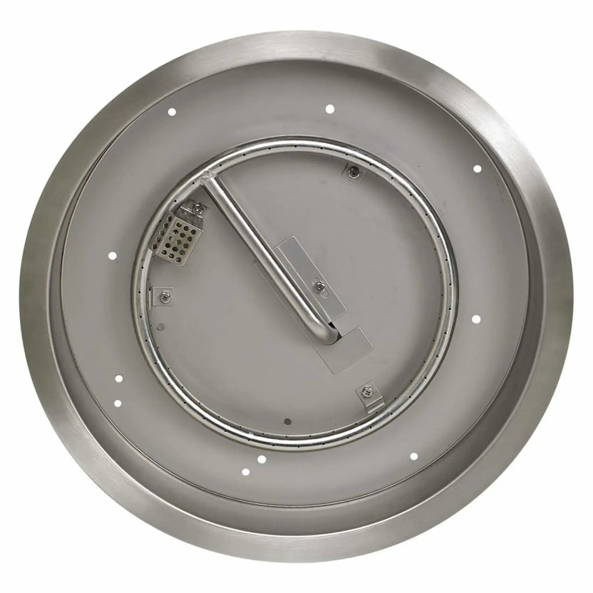 Top-down view of a round stainless steel drop-in fire pit pan showing the circular burner ring, ignition housing, support brackets, and smooth brushed steel finish.