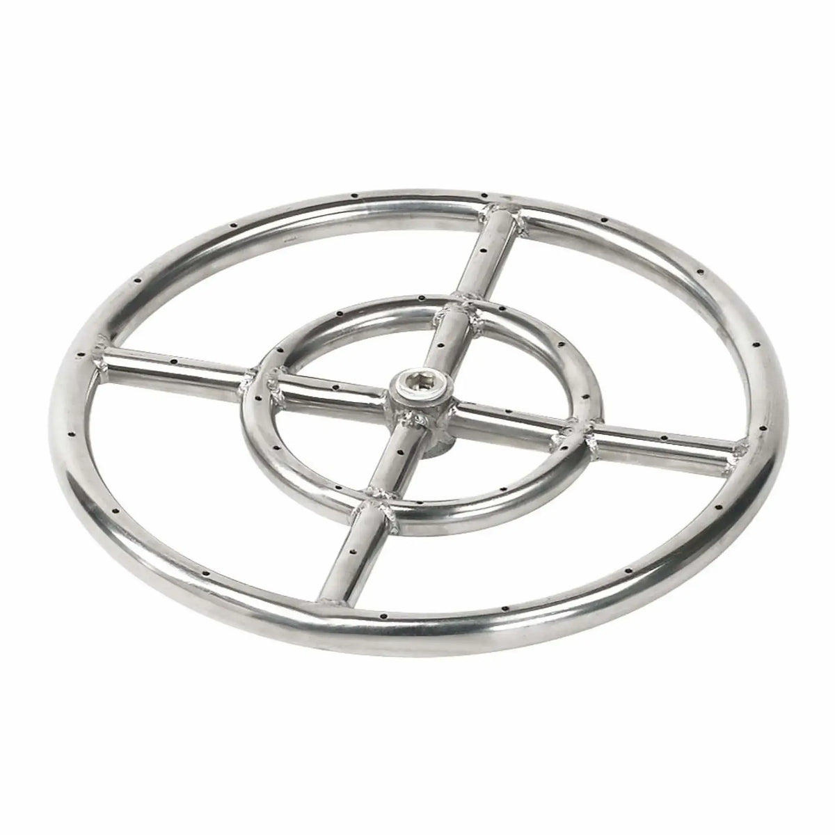 12 inch round stainless steel fire pit burner ring with cross support bars and precision drilled flame ports along the perimeter, durable welded construction with a centered gas inlet hub, displayed isolated on a white studio background.
