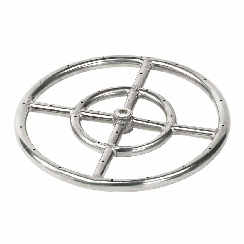 12 inch round stainless steel fire pit burner ring with cross support bars and precision drilled flame ports along the perimeter, durable welded construction with a centered gas inlet hub, displayed isolated on a white studio background.