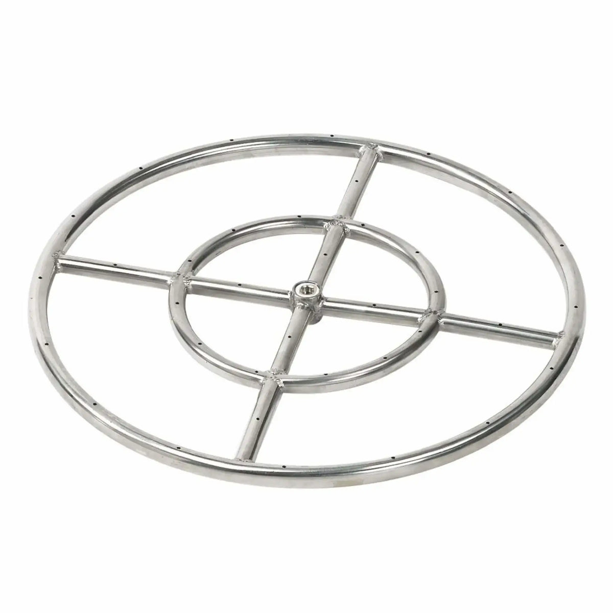 18 inch round stainless steel fire pit burner ring featuring a single outer ring with cross bracing and evenly spaced burner holes, solid welded joints and central threaded connection, product shown at an angled view on a white background.