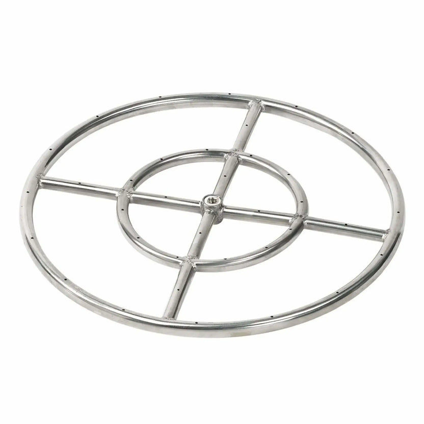 18 inch round stainless steel fire pit burner ring featuring a single outer ring with cross bracing and evenly spaced burner holes, solid welded joints and central threaded connection, product shown at an angled view on a white background.