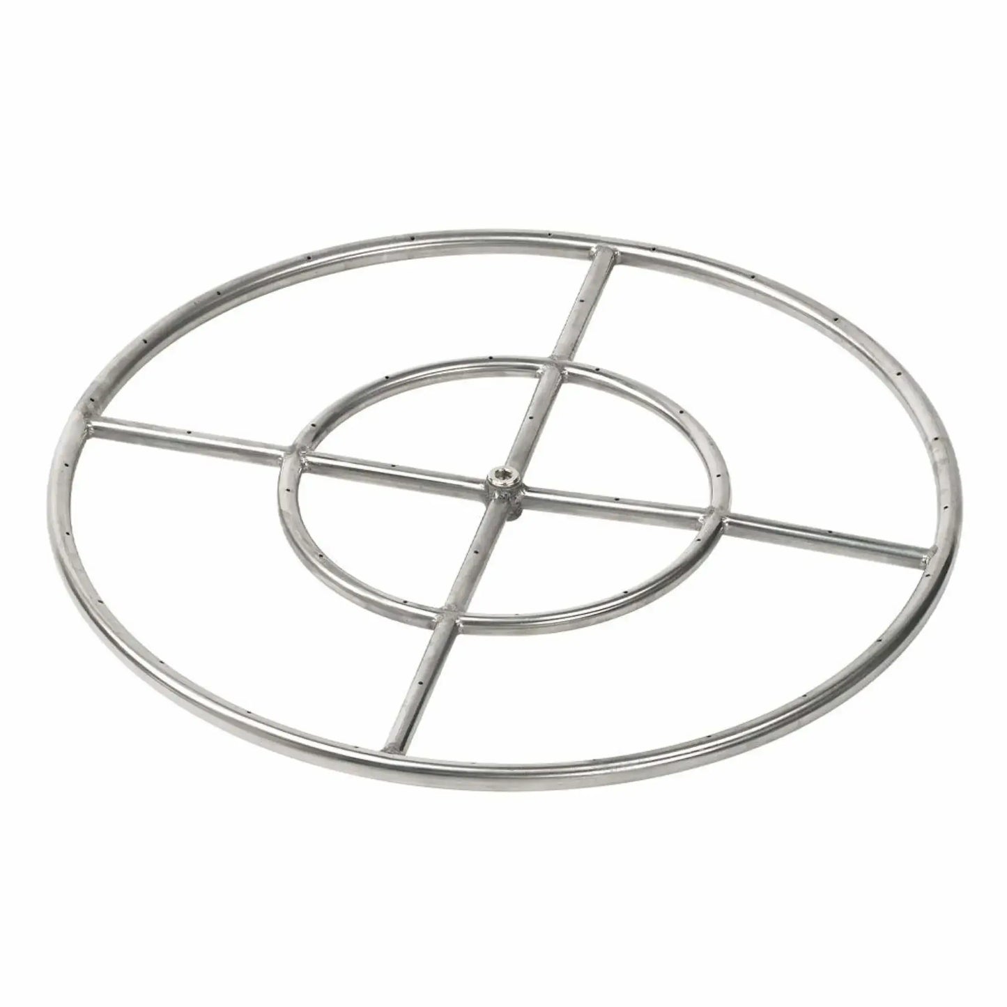 24 inch round stainless steel fire pit burner ring with cross bar support and evenly spaced gas ports along the circular ring, heavy duty welded construction and central gas inlet fitting, isolated on a white background for product display.