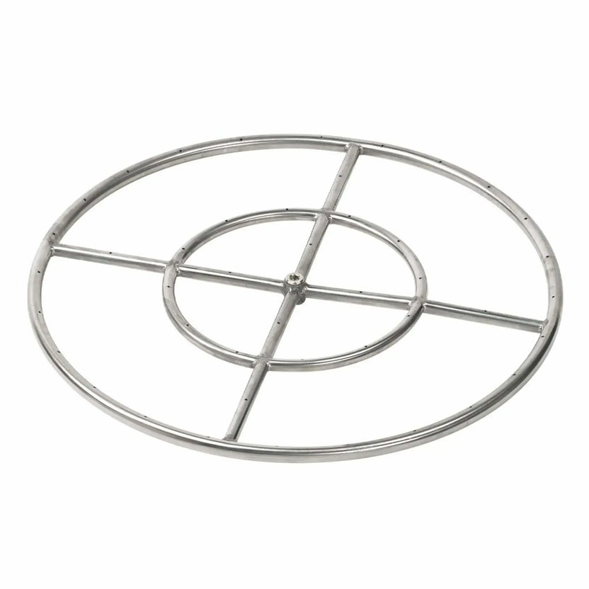 24 inch round stainless steel fire pit burner ring with cross bar support and evenly spaced gas ports along the circular ring, heavy duty welded construction and central gas inlet fitting, isolated on a white background for product display.