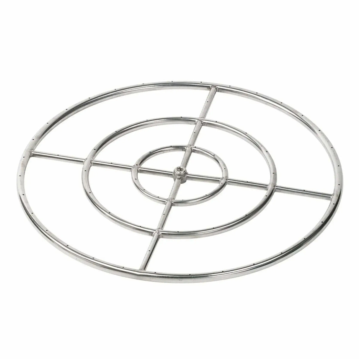 30 inch round stainless steel fire pit burner ring featuring dual concentric rings with cross supports and precision drilled flame ports throughout, welded stainless steel design with center hub gas connection, shown against a white background.