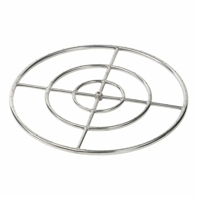 30 inch round stainless steel fire pit burner ring featuring dual concentric rings with cross supports and precision drilled flame ports throughout, welded stainless steel design with center hub gas connection, shown against a white background.