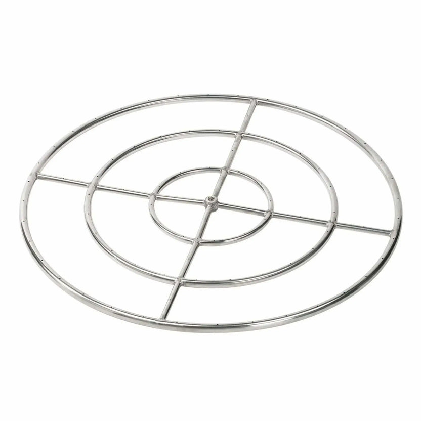 36 inch round stainless steel fire pit burner ring with double concentric rings and cross bar reinforcement, evenly spaced burner ports for uniform flame distribution, heavy duty welded construction shown on a white studio background.
