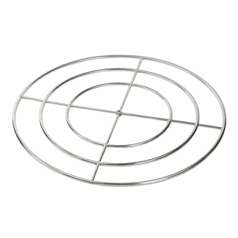 48 inch round stainless steel fire pit burner ring featuring triple concentric rings with cross supports and precision drilled gas ports, large diameter welded stainless steel construction with central gas inlet, isolated on a white background.