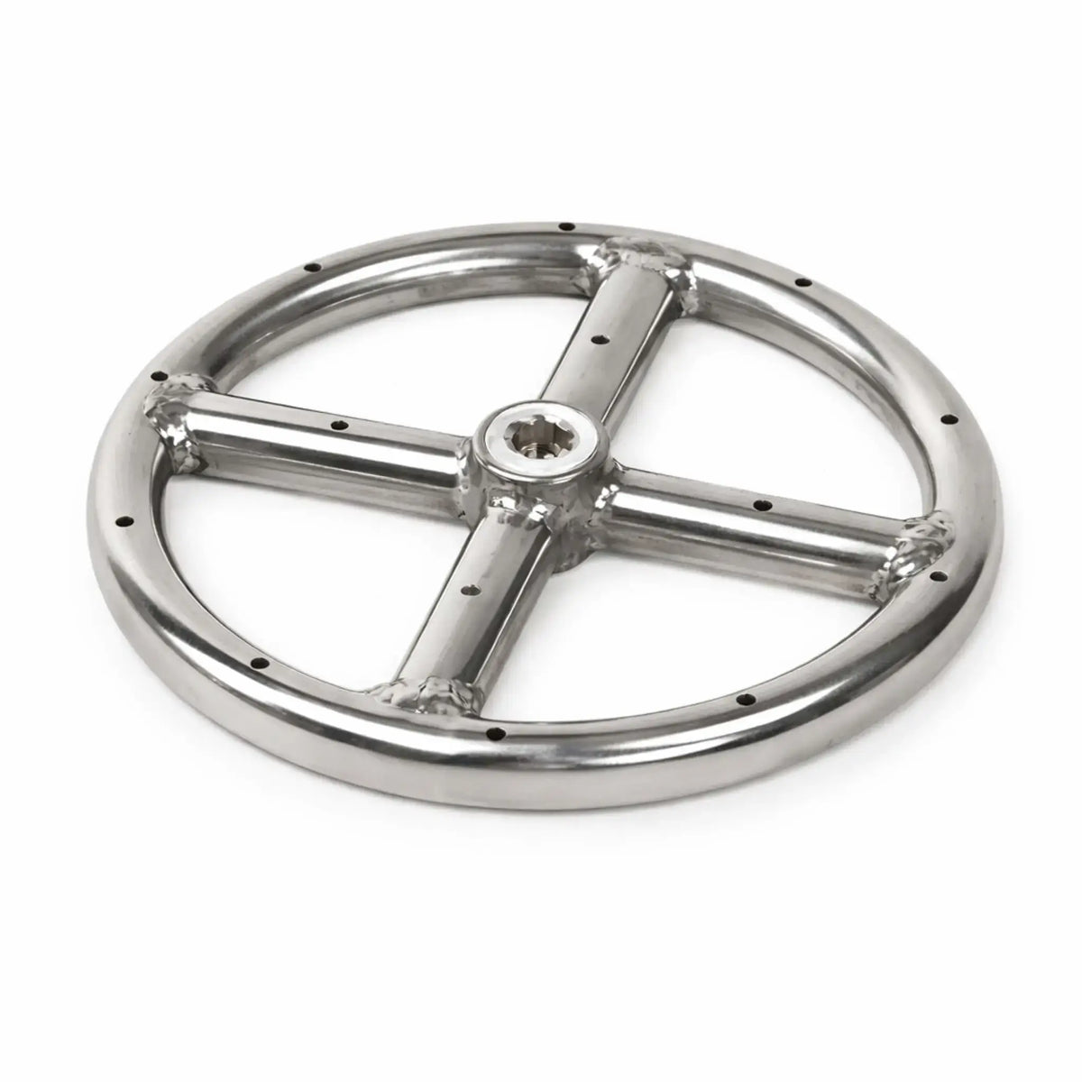 6 inch round stainless steel fire pit burner ring by American Fire Products featuring a cross bar design and evenly spaced gas ports around the outer ring, compact single-ring construction with a central hub connection, shown on a clean white background.