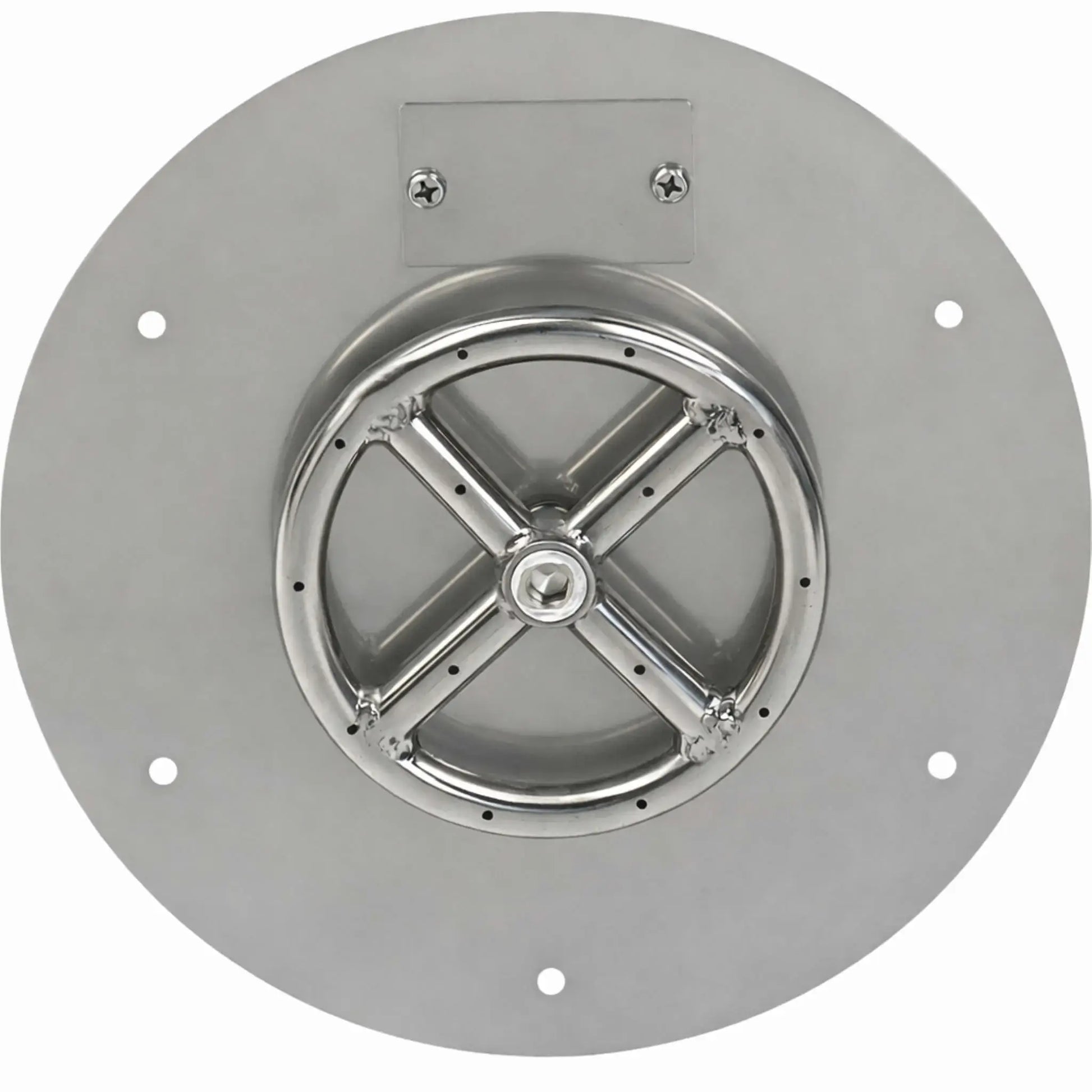 Top-down view of a round stainless steel flat fire pit burner pan showing the centered circular burner ring, evenly spaced burner ports, and flat pan surface designed for clean integration into custom gas fire pits.