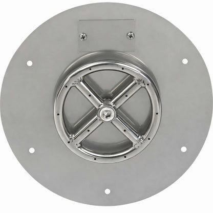 Top-down view of a round stainless steel flat fire pit burner pan showing the centered circular burner ring, evenly spaced burner ports, and flat pan surface designed for clean integration into custom gas fire pits.