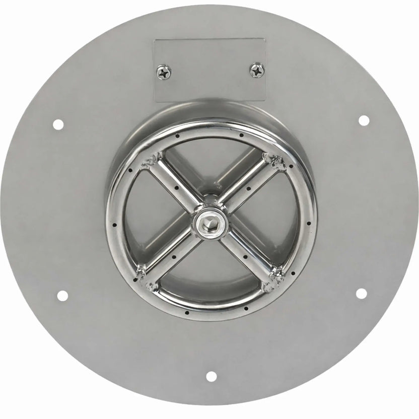Top-down view of a round stainless steel flat fire pit burner pan showing the centered circular burner ring, evenly spaced burner ports, and flat pan surface designed for clean integration into custom gas fire pits.