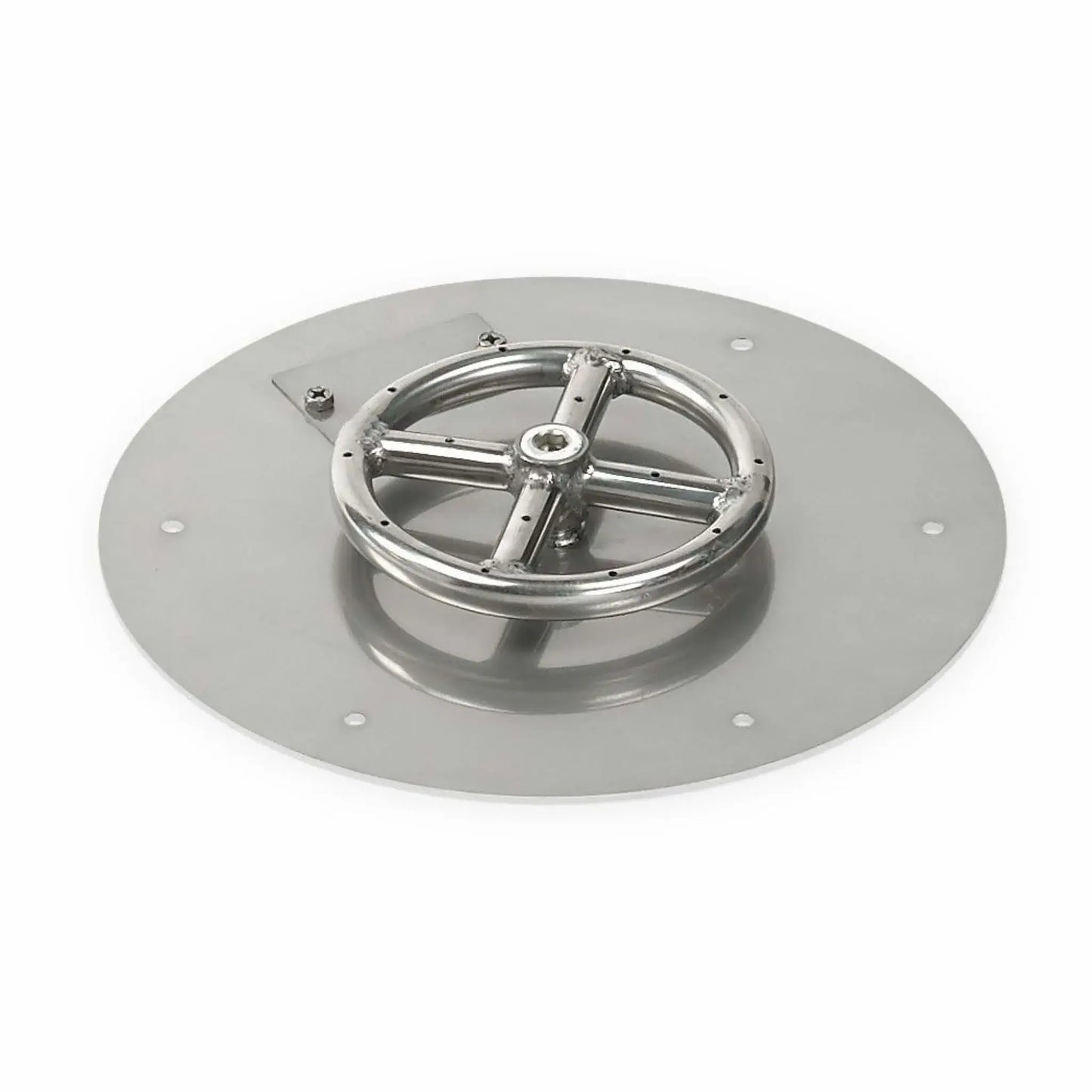 Round stainless steel flat fire pit burner pan with a low-profile design, featuring a circular burner ring mounted on a smooth stainless steel pan, ideal for compact outdoor fire pit installations and modern landscape fire features.