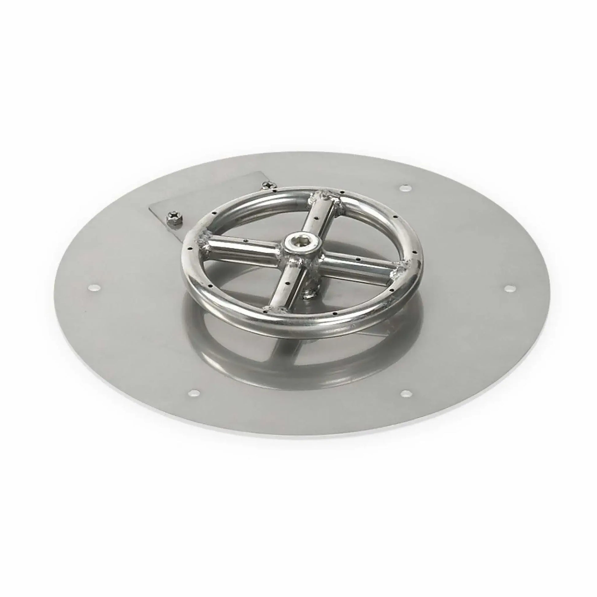 Round stainless steel flat fire pit burner pan with a low-profile design, featuring a circular burner ring mounted on a smooth stainless steel pan, ideal for compact outdoor fire pit installations and modern landscape fire features.