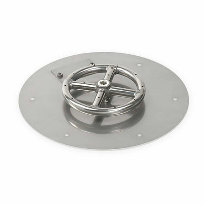 Round stainless steel flat fire pit burner pan with a low-profile design, featuring a circular burner ring mounted on a smooth stainless steel pan, ideal for compact outdoor fire pit installations and modern landscape fire features.