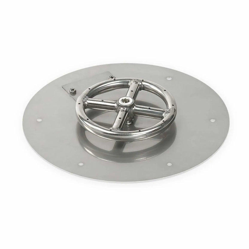Round stainless steel flat fire pit burner pan with a low-profile design, featuring a circular burner ring mounted on a smooth stainless steel pan, ideal for compact outdoor fire pit installations and modern landscape fire features.
