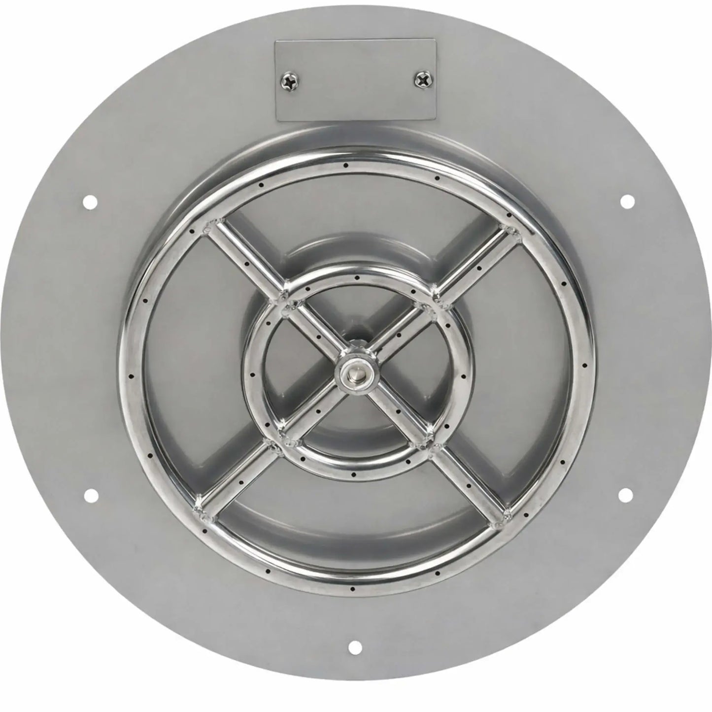 Overhead view of a round stainless steel flat fire pit burner pan highlighting the circular burner assembly, reinforced cross supports, and flat mounting surface for even flame distribution and reliable gas fire performance.