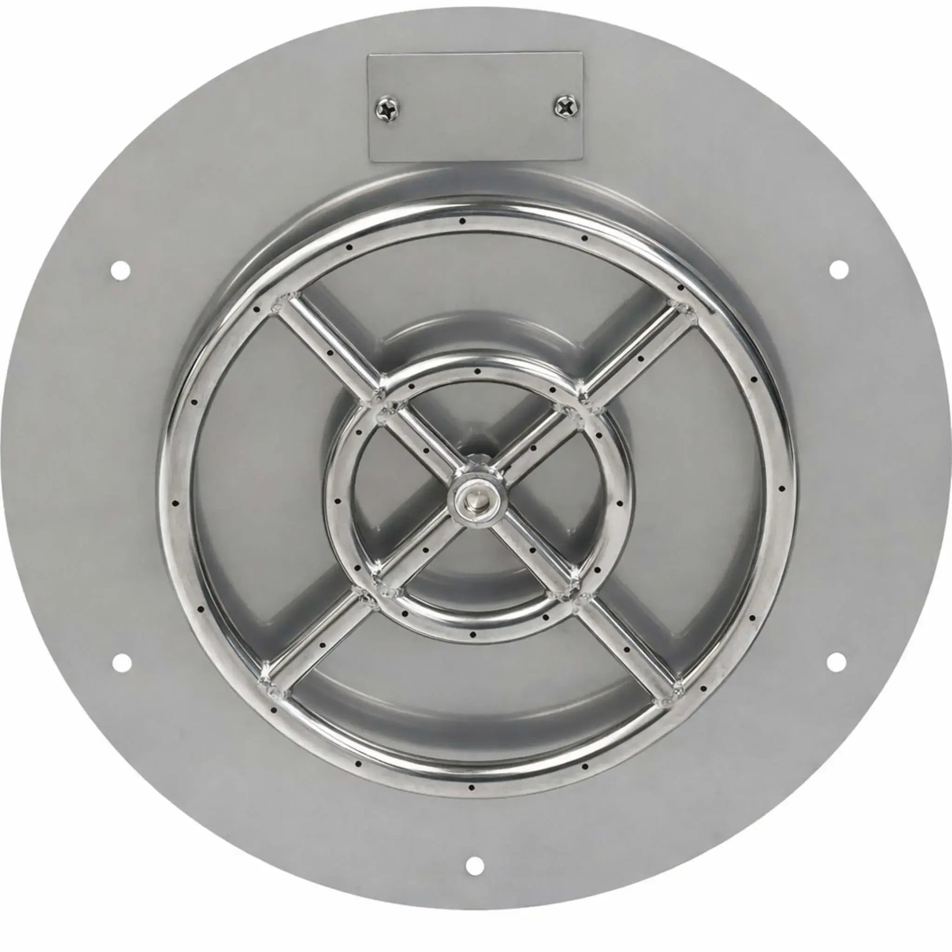 Overhead view of a round stainless steel flat fire pit burner pan highlighting the circular burner assembly, reinforced cross supports, and flat mounting surface for even flame distribution and reliable gas fire performance.
