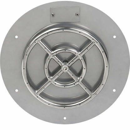 Overhead view of a round stainless steel flat fire pit burner pan highlighting the circular burner assembly, reinforced cross supports, and flat mounting surface for even flame distribution and reliable gas fire performance.