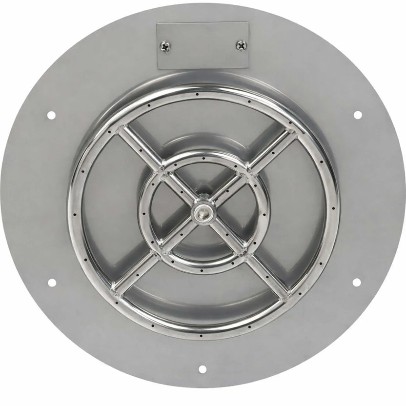 Overhead view of a round stainless steel flat fire pit burner pan highlighting the circular burner assembly, reinforced cross supports, and flat mounting surface for even flame distribution and reliable gas fire performance.