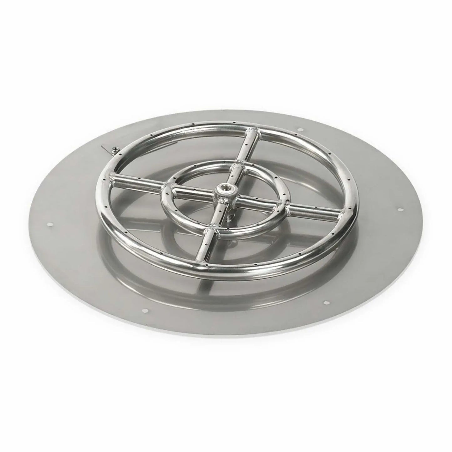 Larger round stainless steel flat fire pit burner pan with a wide, shallow profile and polished burner ring, designed to support decorative fire glass or lava rock in residential and commercial outdoor fire pit builds.