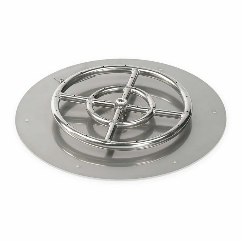 Larger round stainless steel flat fire pit burner pan with a wide, shallow profile and polished burner ring, designed to support decorative fire glass or lava rock in residential and commercial outdoor fire pit builds.