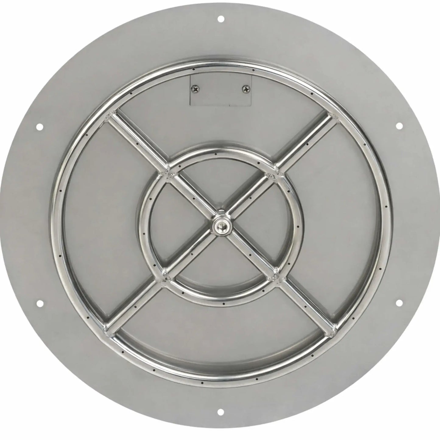 Top-down view of a round stainless steel flat fire pit burner pan displaying a concentric burner ring with cross-braced supports, precision-drilled burner holes, and a flat mounting surface designed for seamless installation in custom outdoor fire pits.