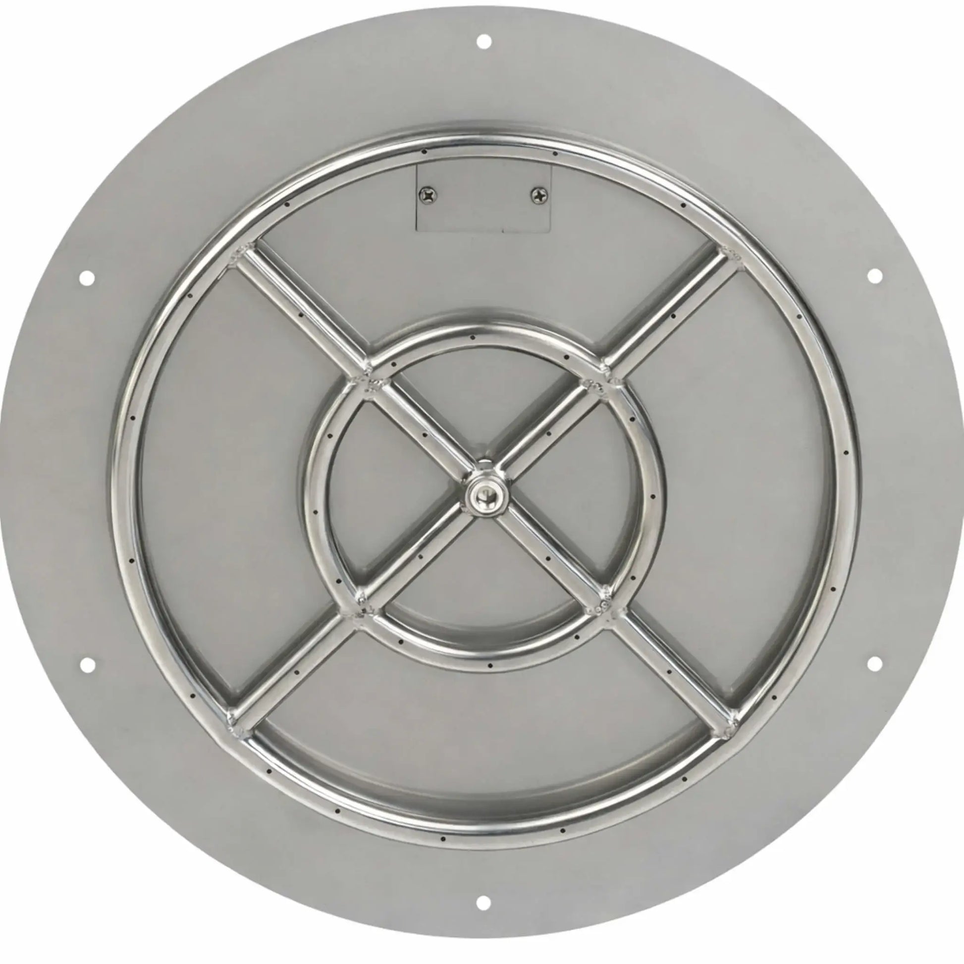 Top-down view of a round stainless steel flat fire pit burner pan displaying a concentric burner ring with cross-braced supports, precision-drilled burner holes, and a flat mounting surface designed for seamless installation in custom outdoor fire pits.