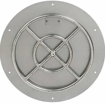 Top-down view of a round stainless steel flat fire pit burner pan displaying a concentric burner ring with cross-braced supports, precision-drilled burner holes, and a flat mounting surface designed for seamless installation in custom outdoor fire pits.