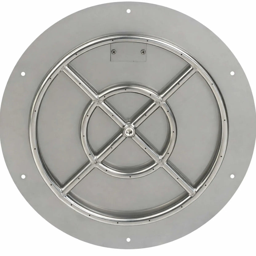 Top-down view of a round stainless steel flat fire pit burner pan displaying a concentric burner ring with cross-braced supports, precision-drilled burner holes, and a flat mounting surface designed for seamless installation in custom outdoor fire pits.