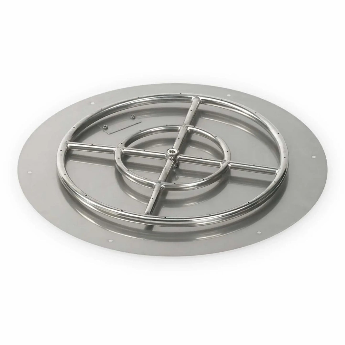 Round stainless steel flat fire pit burner pan with a smooth, wide mounting flange and integrated circular gas burner ring, featuring evenly spaced flame ports and a reinforced cross support design, shown on a clean white background for outdoor fire pit installations.