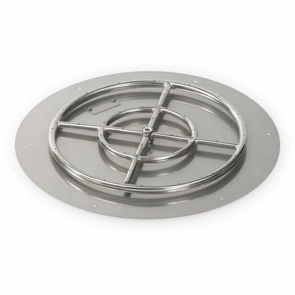 Round stainless steel flat fire pit burner pan with a smooth, wide mounting flange and integrated circular gas burner ring, featuring evenly spaced flame ports and a reinforced cross support design, shown on a clean white background for outdoor fire pit installations.