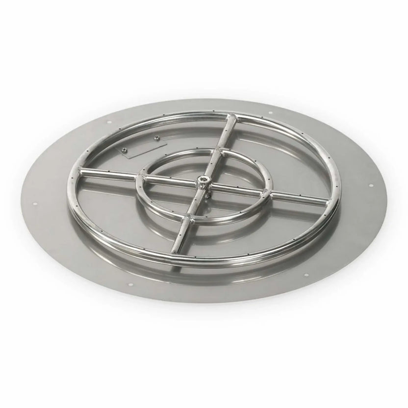 Round stainless steel flat fire pit burner pan with a smooth, wide mounting flange and integrated circular gas burner ring, featuring evenly spaced flame ports and a reinforced cross support design, shown on a clean white background for outdoor fire pit installations.