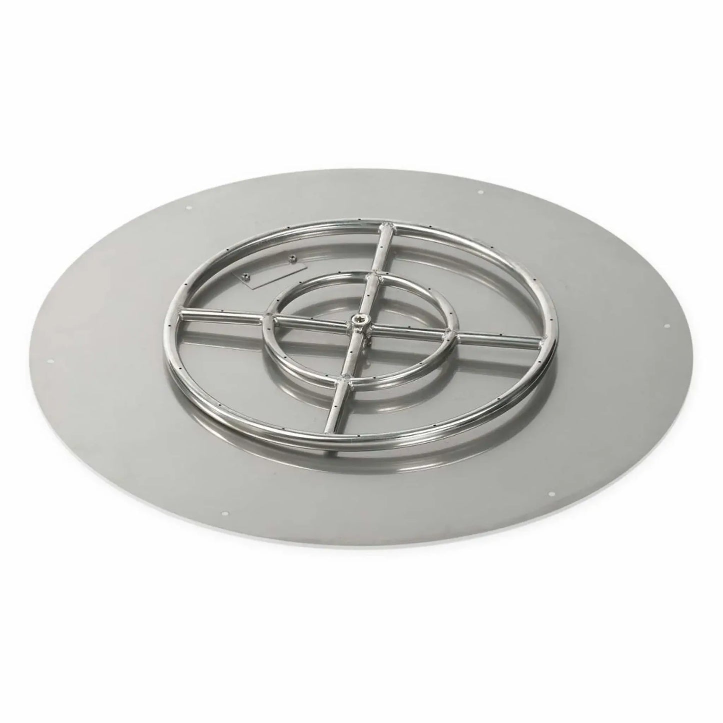Angled perspective of a large round stainless steel flat fire pit burner pan with a polished burner ring, structural cross bars, and a broad flat flange, highlighting durable construction intended for modern outdoor fire pit and patio applications.
