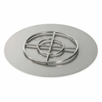 Angled perspective of a large round stainless steel flat fire pit burner pan with a polished burner ring, structural cross bars, and a broad flat flange, highlighting durable construction intended for modern outdoor fire pit and patio applications.