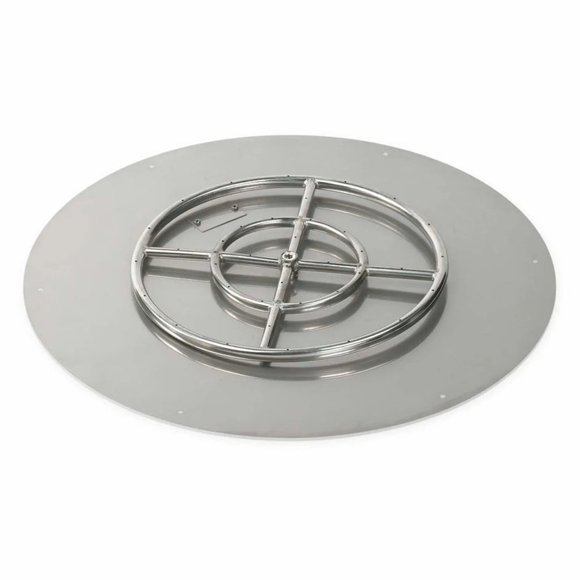 Angled perspective of a large round stainless steel flat fire pit burner pan with a polished burner ring, structural cross bars, and a broad flat flange, highlighting durable construction intended for modern outdoor fire pit and patio applications.
