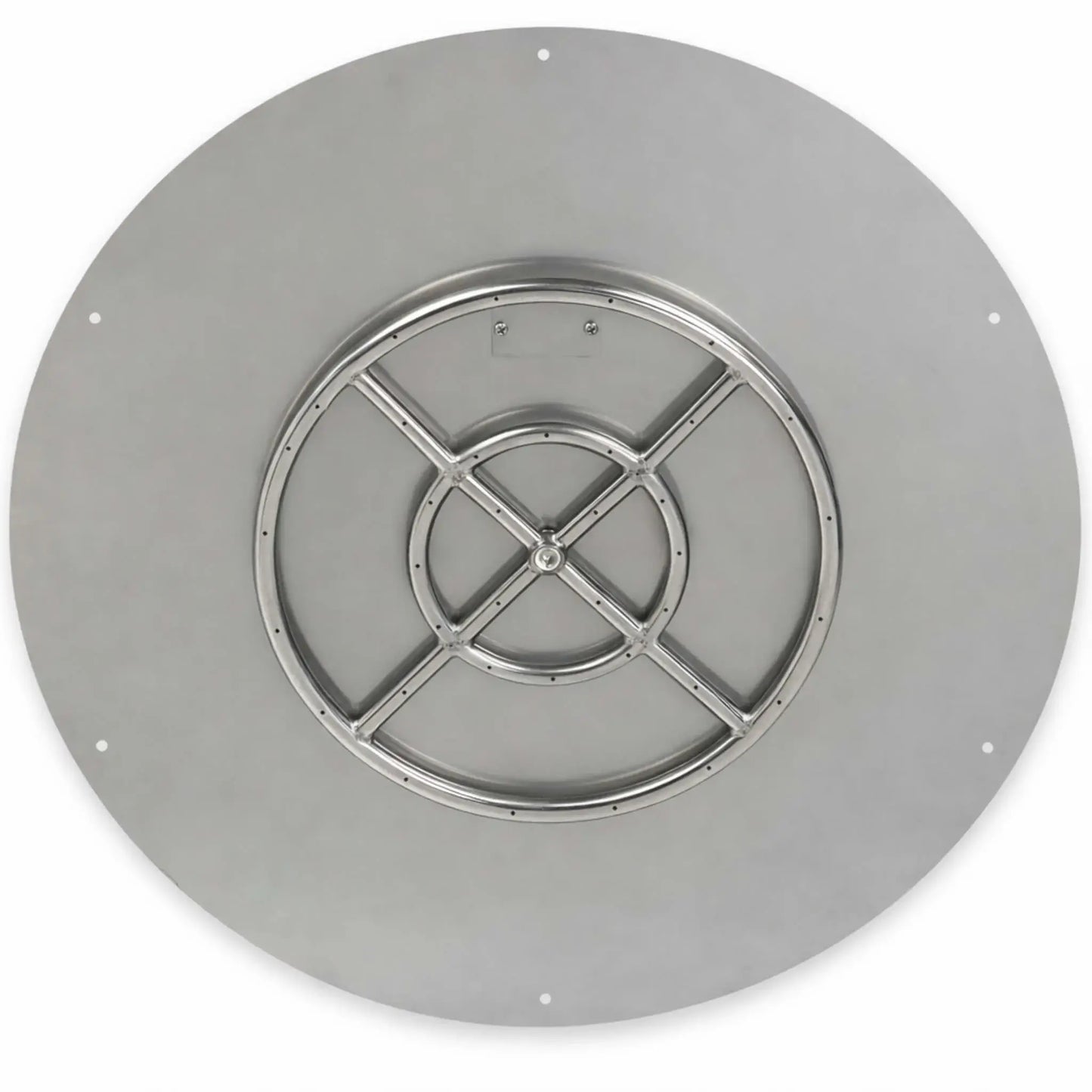 Top-down view of a round stainless steel flat fire pit burner pan showing evenly spaced burner ports, welded cross-brace construction, central gas inlet, and a smooth flat mounting surface for masonry or hardscape fire pits.