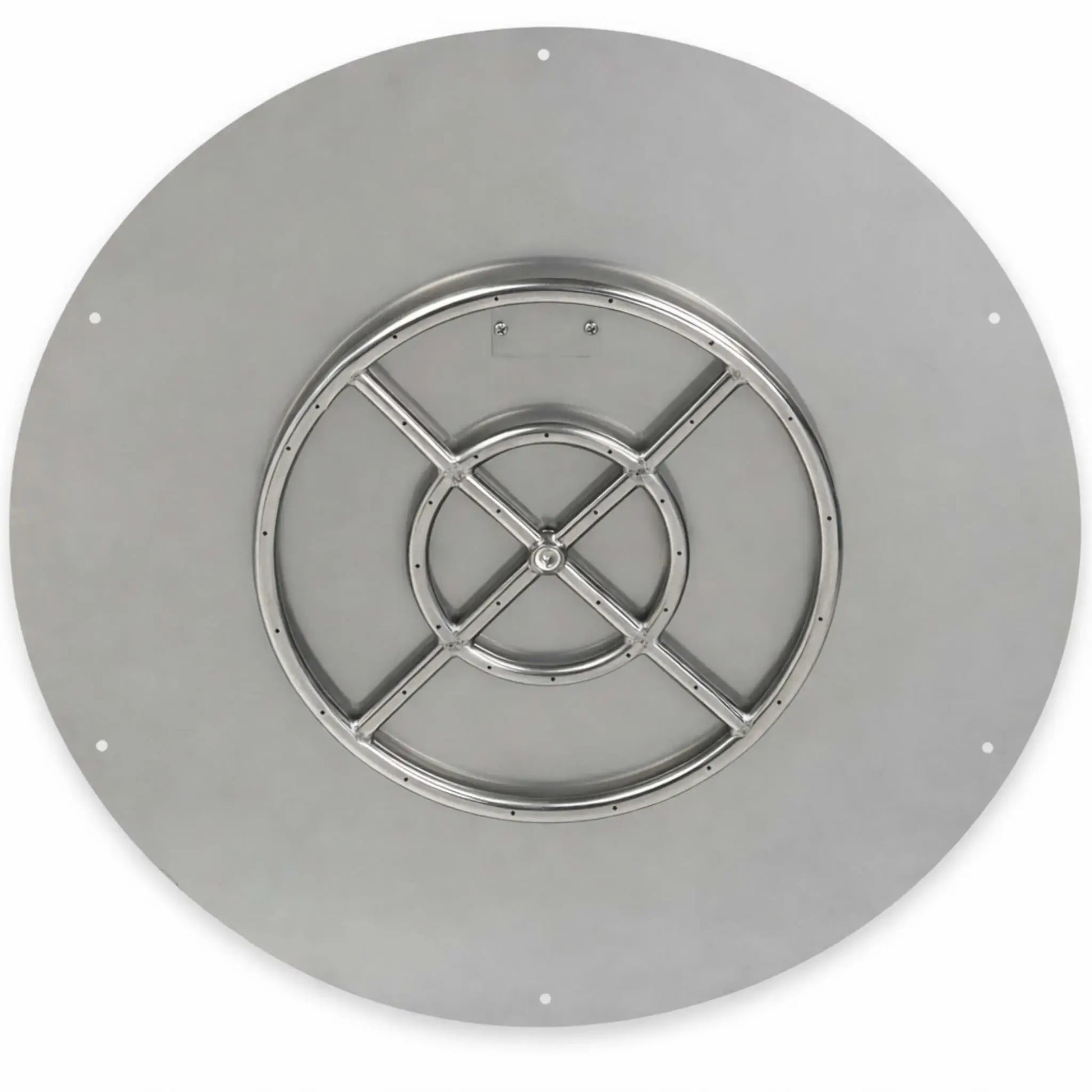 Top-down view of a round stainless steel flat fire pit burner pan showing evenly spaced burner ports, welded cross-brace construction, central gas inlet, and a smooth flat mounting surface for masonry or hardscape fire pits.