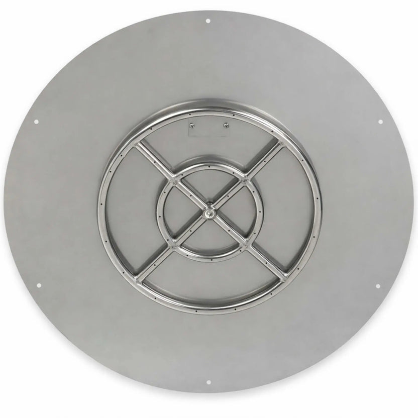 Top-down view of a round stainless steel flat fire pit burner pan showing evenly spaced burner ports, welded cross-brace construction, central gas inlet, and a smooth flat mounting surface for masonry or hardscape fire pits.