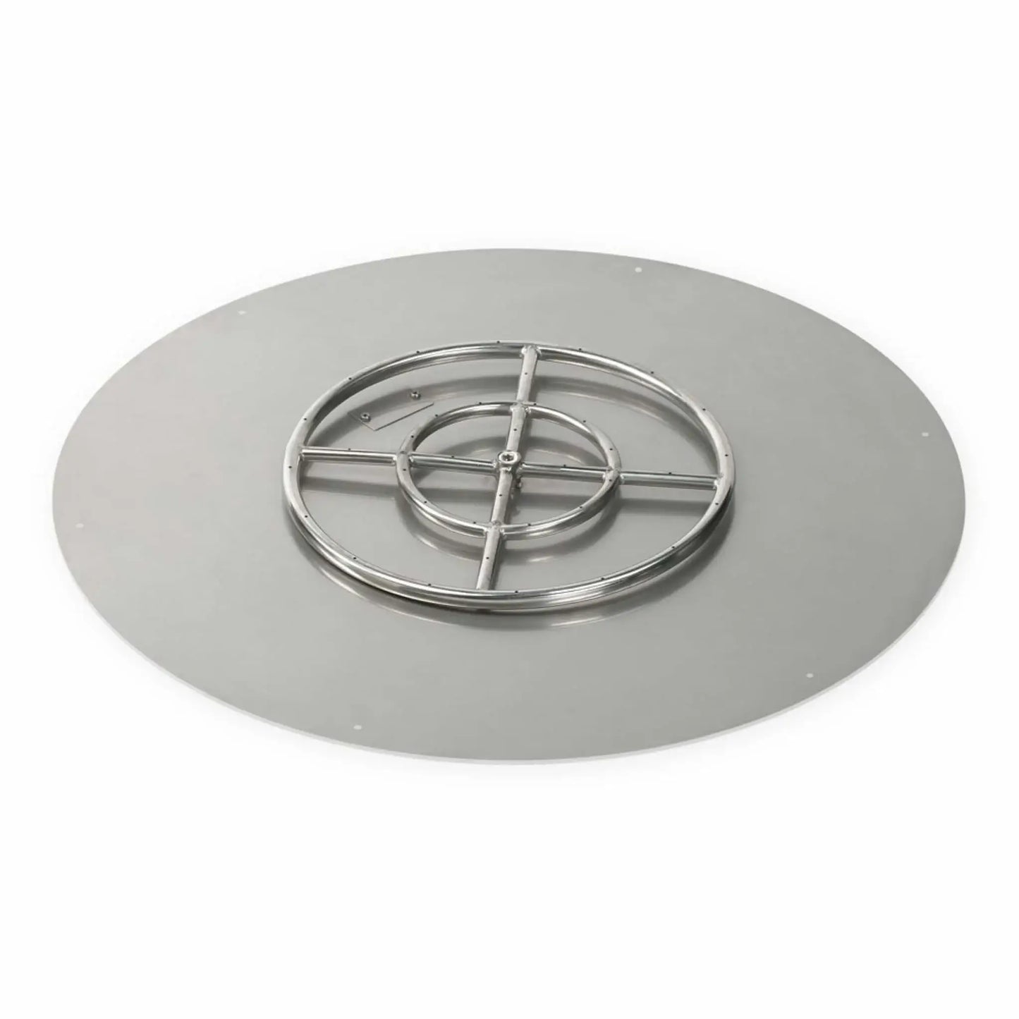Round stainless steel flat fire pit burner pan featuring a wide circular flange and raised concentric burner ring with cross supports, precision-drilled gas ports, and a clean brushed metal finish designed for built-in outdoor fire pit installations.