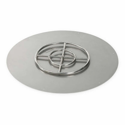 Round stainless steel flat fire pit burner pan featuring a wide circular flange and raised concentric burner ring with cross supports, precision-drilled gas ports, and a clean brushed metal finish designed for built-in outdoor fire pit installations.