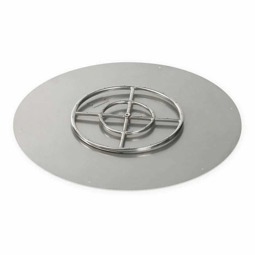 Round stainless steel flat fire pit burner pan featuring a wide circular flange and raised concentric burner ring with cross supports, precision-drilled gas ports, and a clean brushed metal finish designed for built-in outdoor fire pit installations.